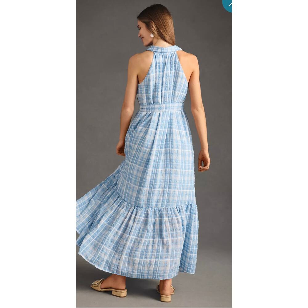 By Anthropologie Plaid Sleeveless Tiered Ruffle Hem Tie Waist Maxi Dress XL - Picture 2 of 15